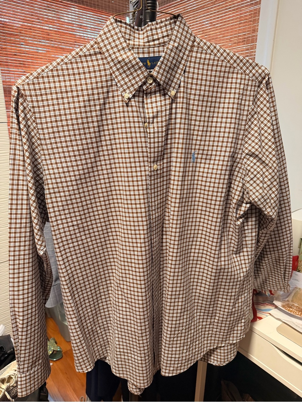 Ralph Lauren Brown and White Gingham Button-Down Shirt